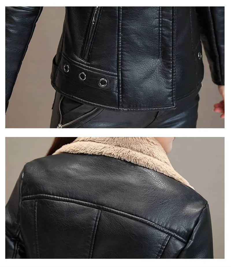 2022 New Winter PU Leather Jacket Women Short Blazers Coat Fleece Double-faced Fur Leather Outerwear Lady Slim Suit Tops Jackets