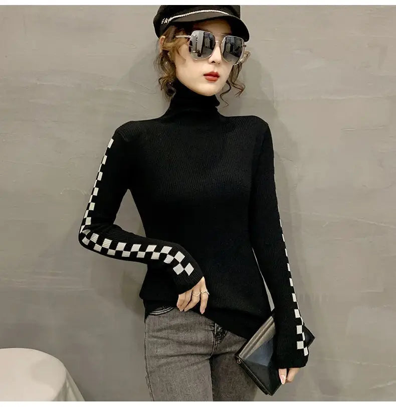 Pile Collar Plaid Bottoming Shirt Female New Autumn Winter Temperament All-match Sweater Interior Lapping Slim Turtleneck Tops