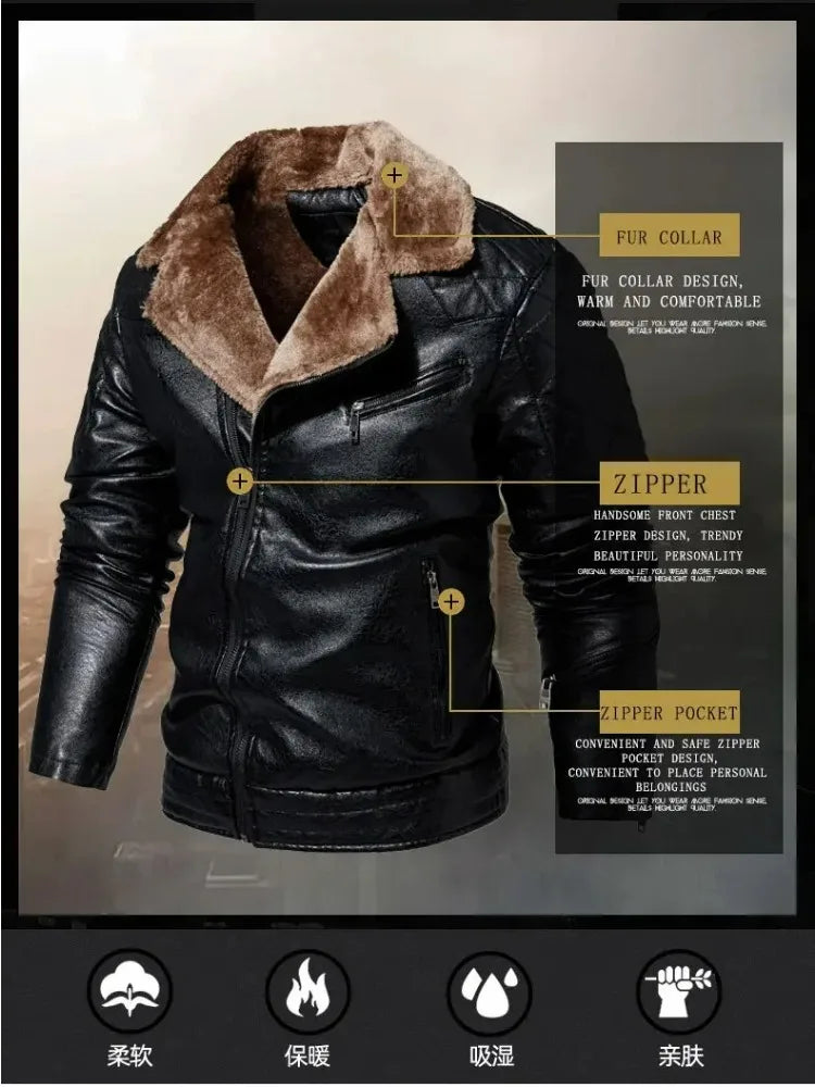 Fashion Warm Winter Mens PU Leather Jacket With Fur Collar Thicken Fleece Motorcycle Coat Casual Faux Leather Locomotive Jacket
