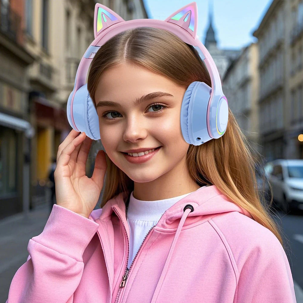 Gradient Wireless Headphones RGB Cat Ear Bluetooth Headphones With Microphone Stereo Music Game Earphone For Girls Kids Gifts