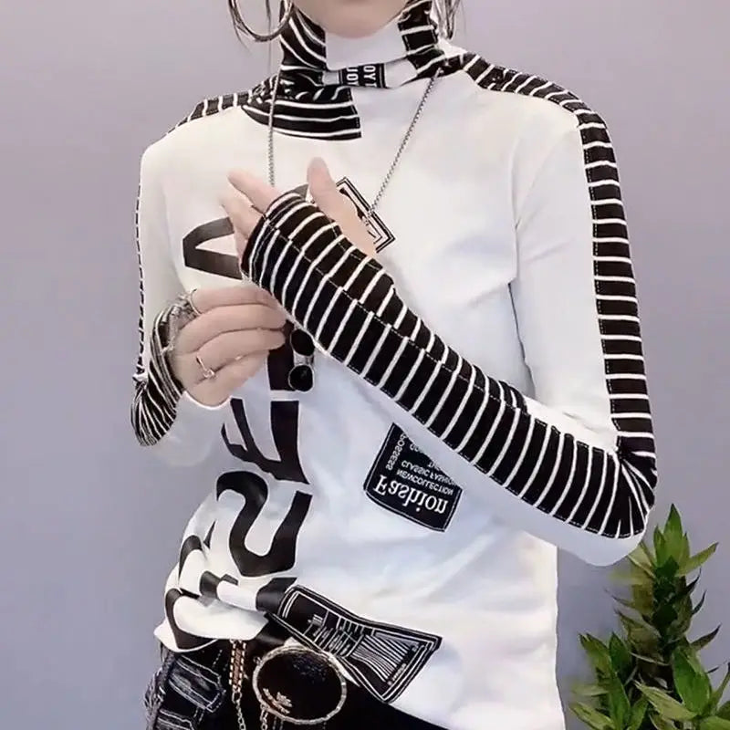 Fashion Printed Spliced Letter Striped Casual Tee Shirt Female Clothing 2025 Autumn Winter All-match Pullovers Korean T-Shirts