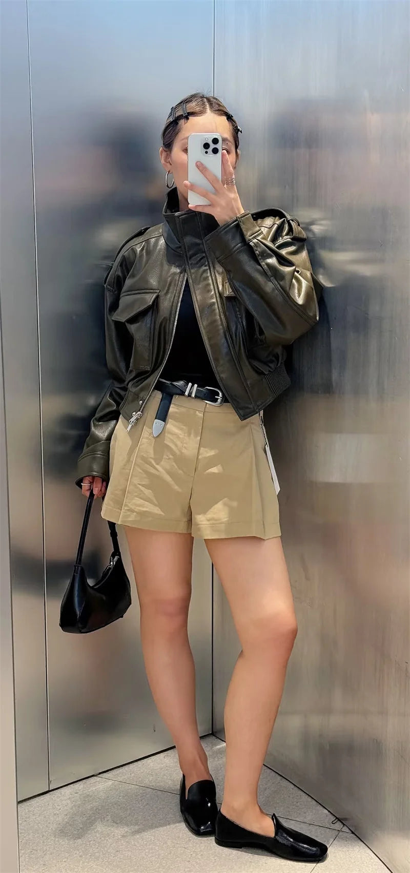 Women's Jacket New Fall 2025 Dark Green Long Sleeve Faux Leather Short Jacket Jacket Biker Style Casual Fashion Personality