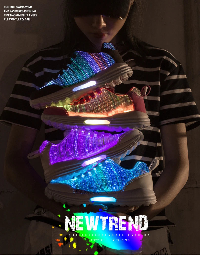 Men Fashion LED Shoes Light Up Sneakers USB Recharging Fiber OPTIC Cloth Elastic Sole Glowing Luminous Flashing Casual Shoes