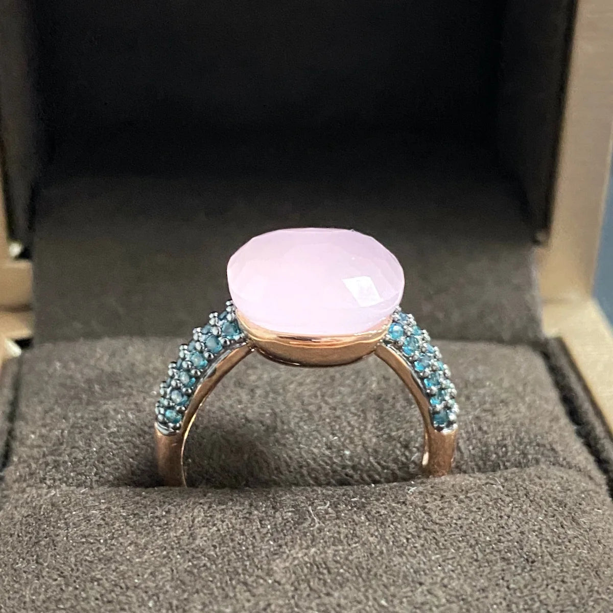 Blue Topaz Ring Inlay Black Zircon With Black Gun Plated 12.6mm Flat Crystal Ring For Women Party Fashion Jewelry Gift