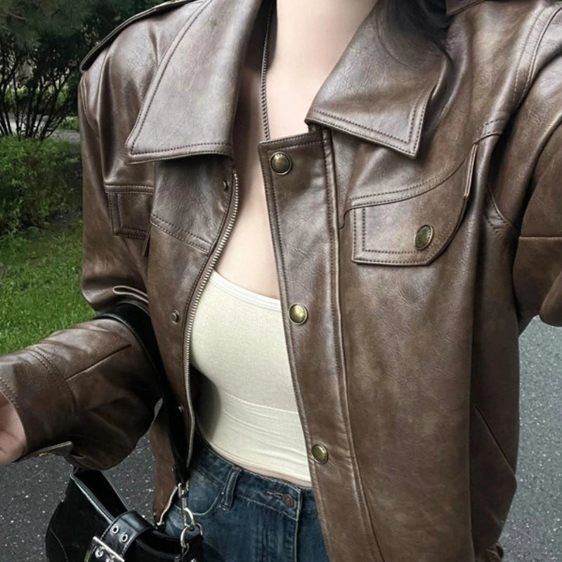 Pu Faux Leather Coat Women Casual Solid Jackets Long Sleeves Turn Down Collar Single Breasted Straight Streetwear 2025 Autumn