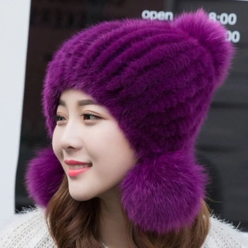 Mink Fur Hat Women Winter Thickened Ear Protection Hat Natural Fur Knitted Caps With Pom Pom Fox Ball Fashion Beanies Fur Hats
