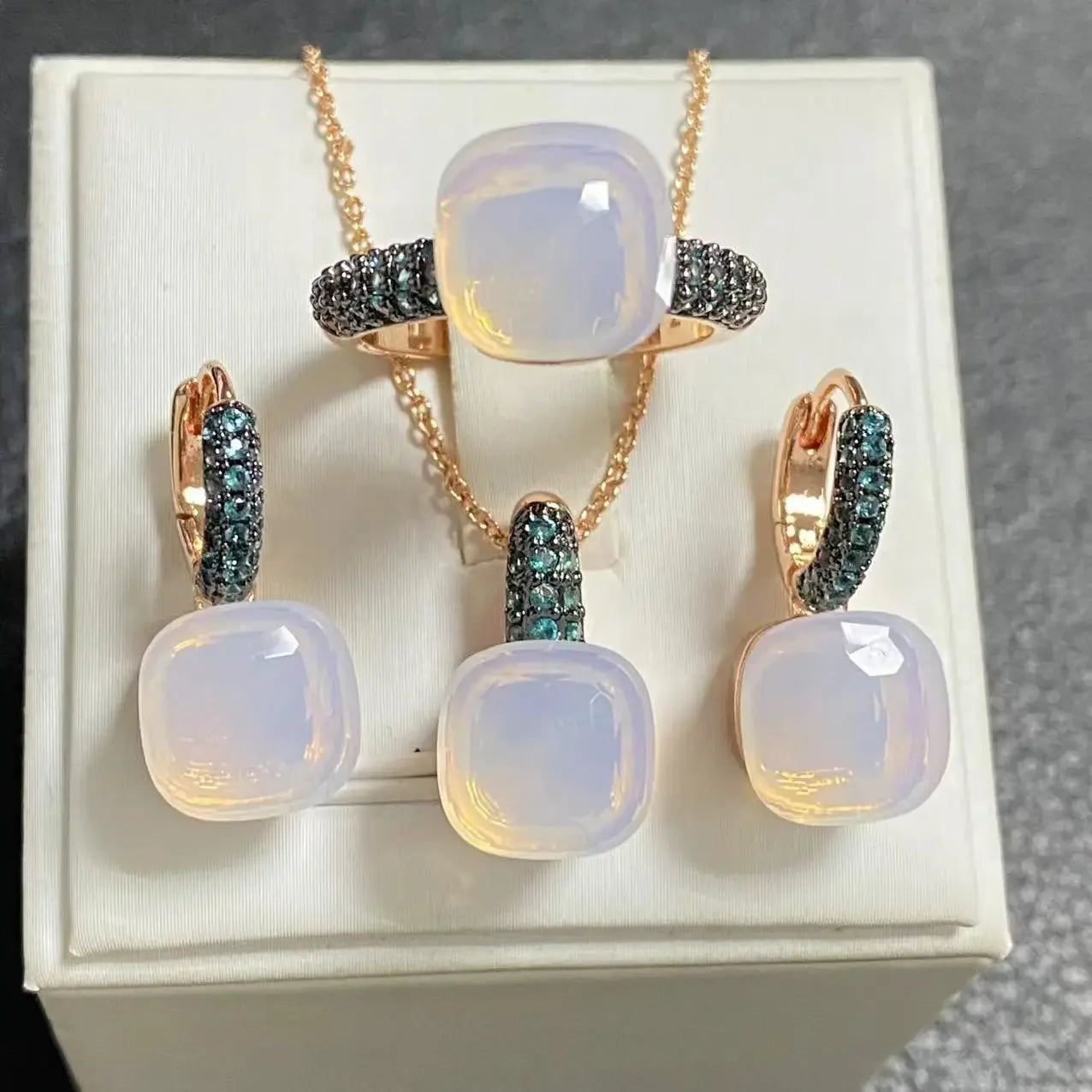 3Pcs Gun Black Plated Blue Zircon Jewelry Set for Women Includes Ring Earrings Necklace Elegant Crystal Blue Topaz Matching Gift