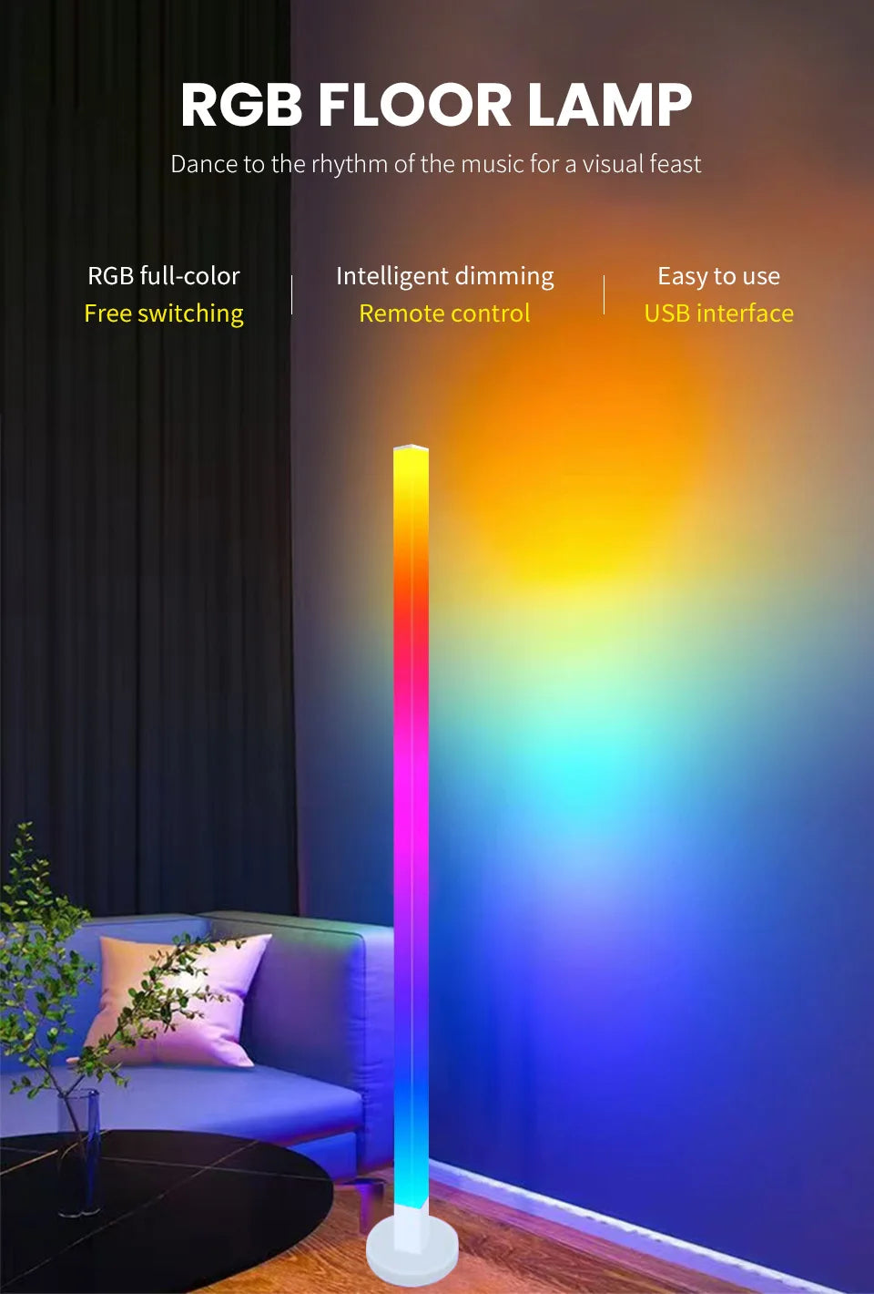 RGB LED Floor Lamp Remote & APP Control Music Sync Corner Lighting Modern Mood Lighting for Bedroom Living Room Gaming decor