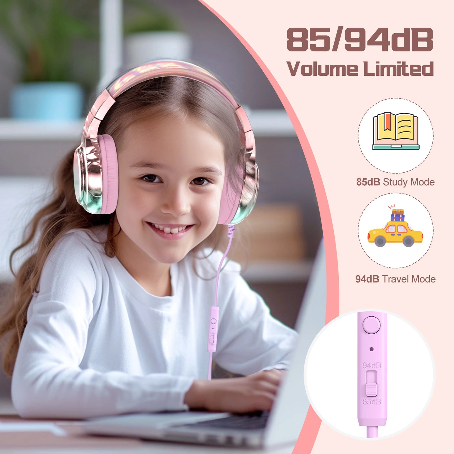 Stylish Soundproof Kids Wired Headphones For Toddler Preschool, 3.5mm Jack, 85/94dB Volume limited Headset For Travel Homeschool