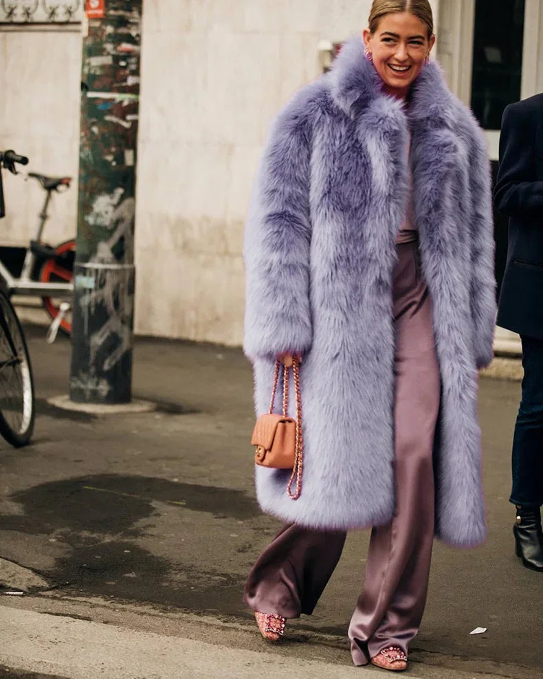 Women  Thick Faux Fur Jacket Colorblock Autumn Winter Maxi Coat Long Warm Luxury Fur  Outerwear