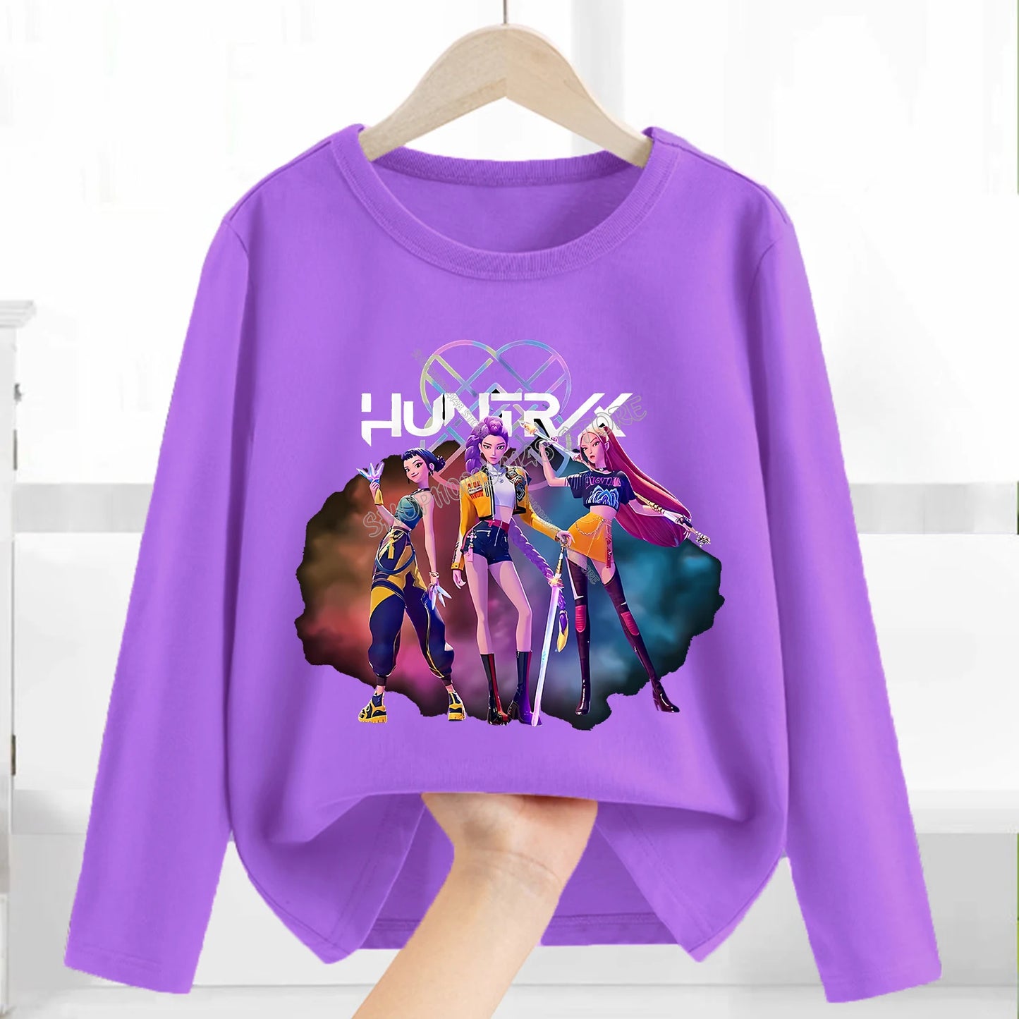 Kpop Demon Hunters Long Sleeve for Children Cartoon A-Z Letter Clothing Kids Purple Caftan Clothes Girl Round Collar Blouse Gift