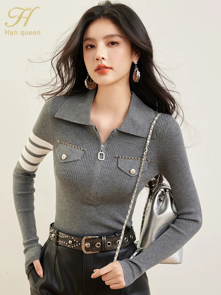 H Han Queen Spring Autumn Zipper Tops Slim Knitted Bottom Shirt Women's Sweater Striped  Casual Knitted Pullover Sweater