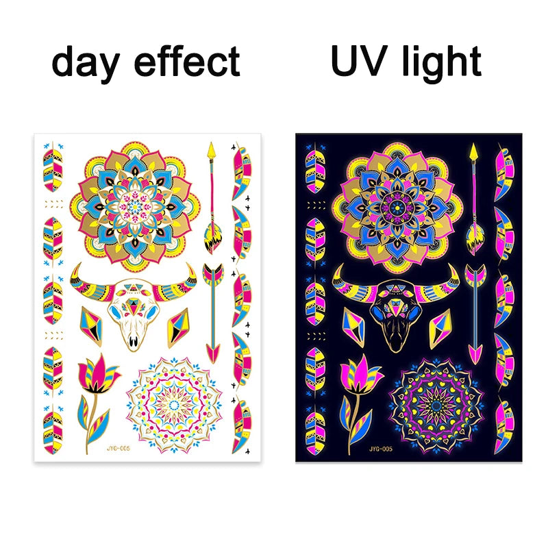 Luminous Temporary Tattoos Stickers Fluorescent Neon In Dark Illuminate Tattoo Elephant/Love Heart Shoulder Tattoo Party Sticker