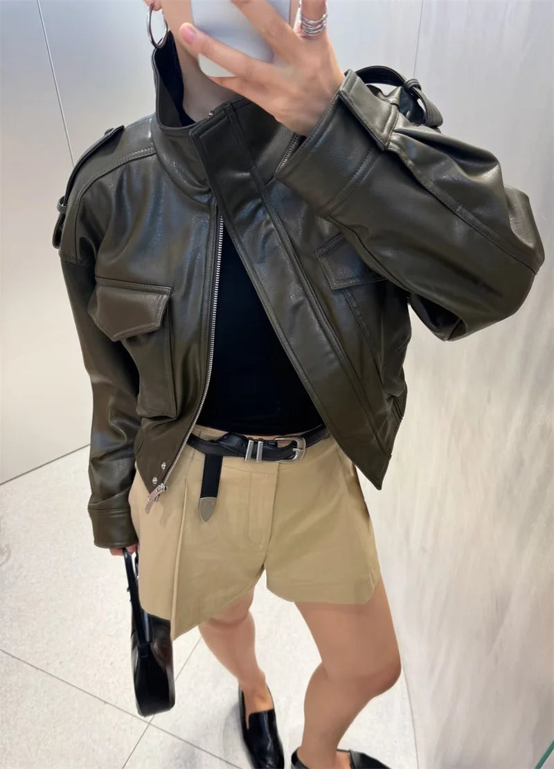 Women's Jacket New Fall 2025 Dark Green Long Sleeve Faux Leather Short Jacket Jacket Biker Style Casual Fashion Personality