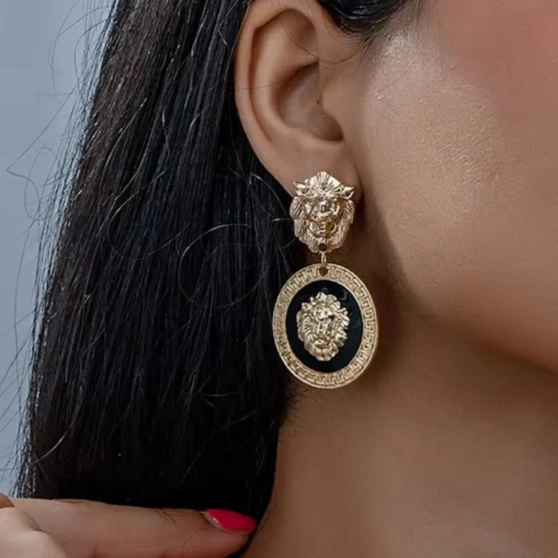 Stud Earrings For Women Vintage Lion Head Glass Geometric Party Gift OL Holiday Fashion Jewelry Ear Accessories CE150