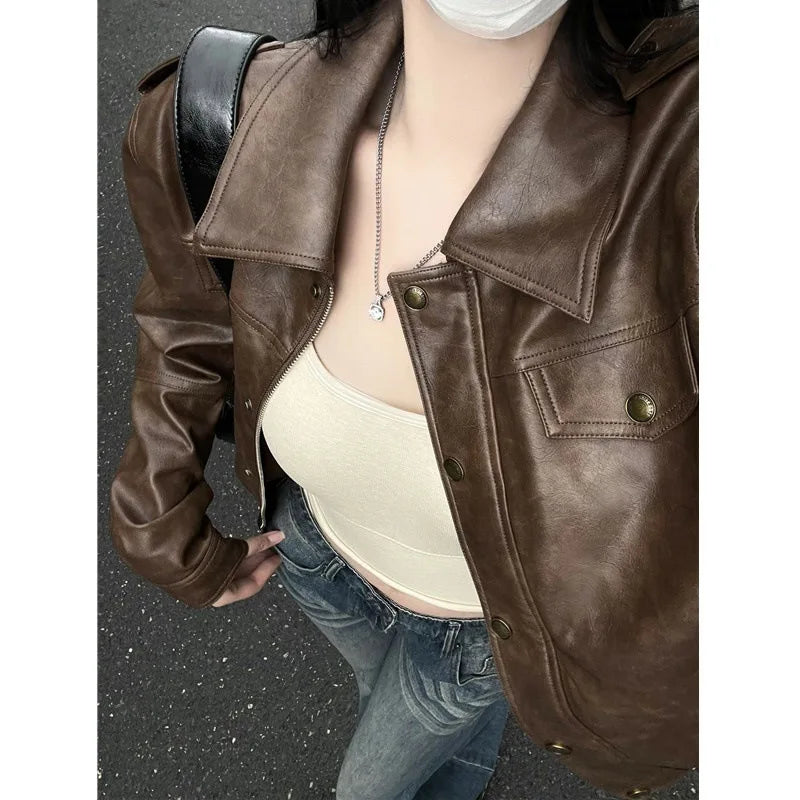 Pu Faux Leather Coat Women Casual Solid Jackets Long Sleeves Turn Down Collar Single Breasted Straight Streetwear 2025 Autumn