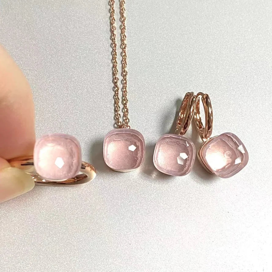 3Pcs/Set Women Ring Earrings Necklace Jewelry Set 34Colors Pink Crystal Jewelry Set Rose Gold Plated Jewelry