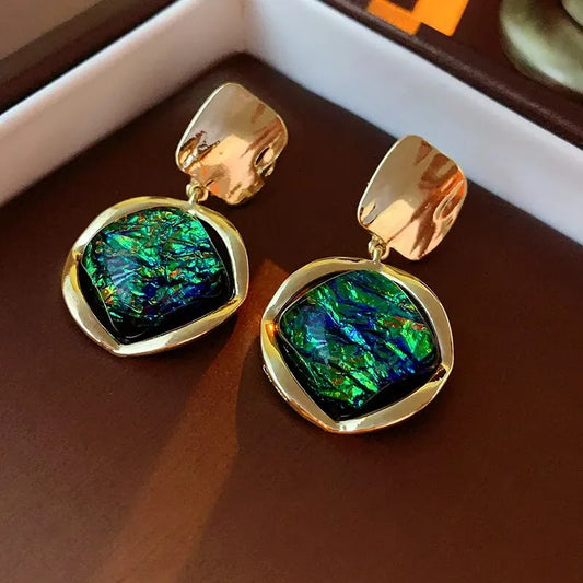Vintage Green Geometric Rhombus Round Earrings Women Fashion Rhinestone Stud Earrings For Party Wedding Jewelry Accessories