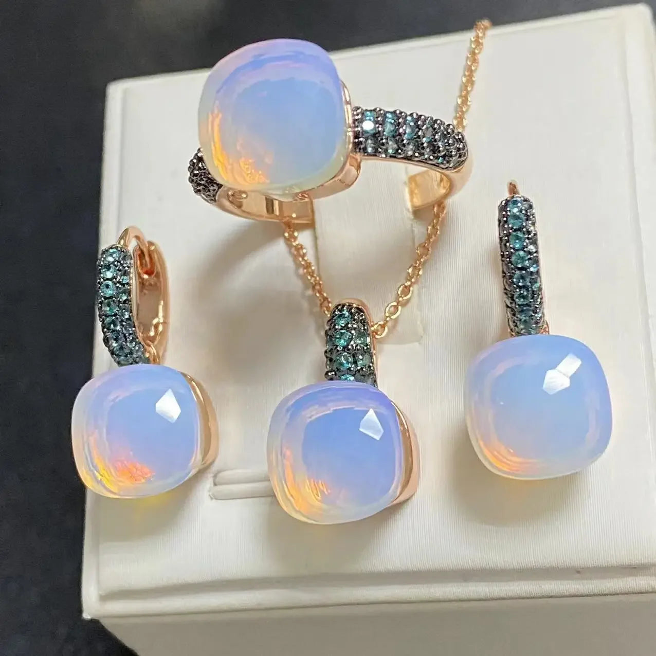 3Pcs Gun Black Plated Blue Zircon Jewelry Set for Women Includes Ring Earrings Necklace Elegant Crystal Blue Topaz Matching Gift