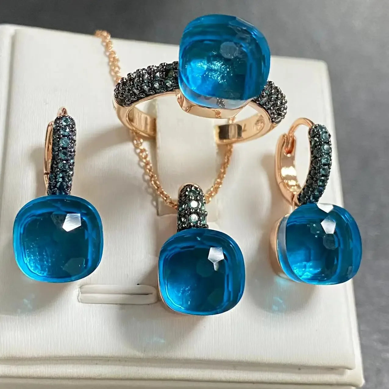 3Pcs Gun Black Plated Blue Zircon Jewelry Set for Women Includes Ring Earrings Necklace Elegant Crystal Blue Topaz Matching Gift