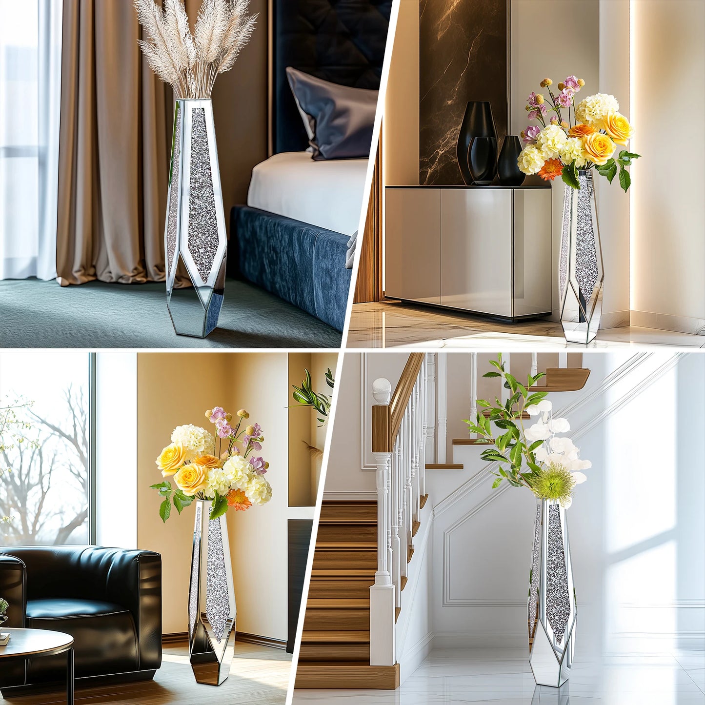 Tall Floor Mirror Vase, Large Crushed Diamond Glass Vase for Home Decor Modern Crystal Centerpiece for Living Room Wedding Hotel