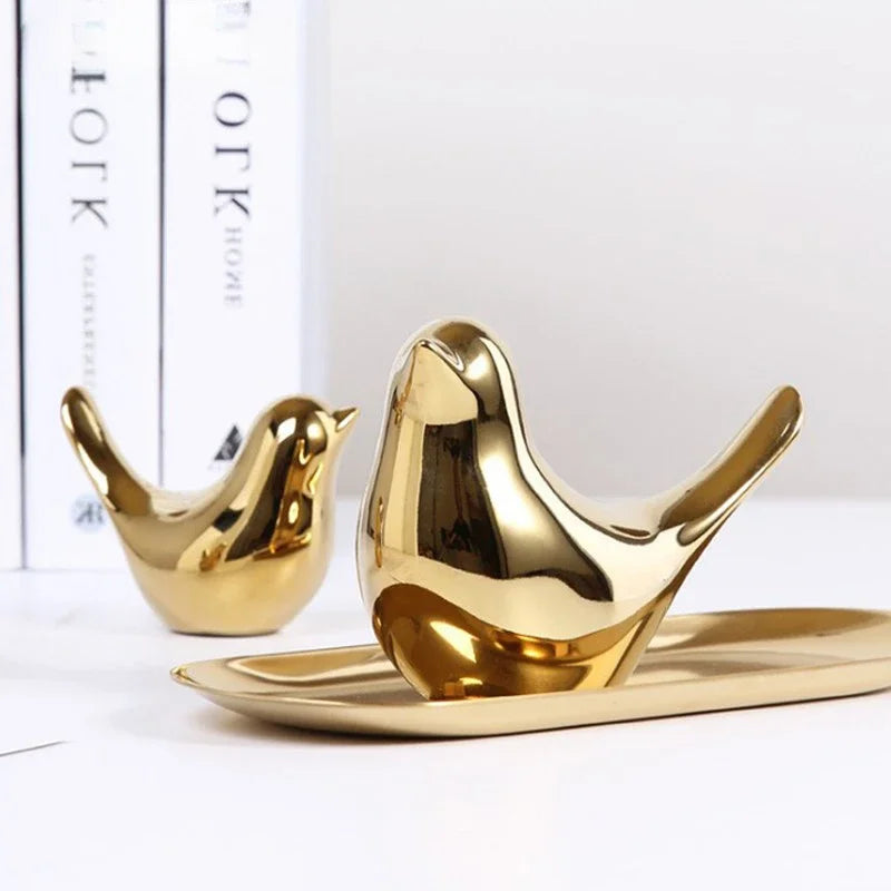Modern Simple Luxury Golden Ceramic Bird Figurines Home Decoration Accessories Golden Bird Figures Decorative Wedding Ornaments