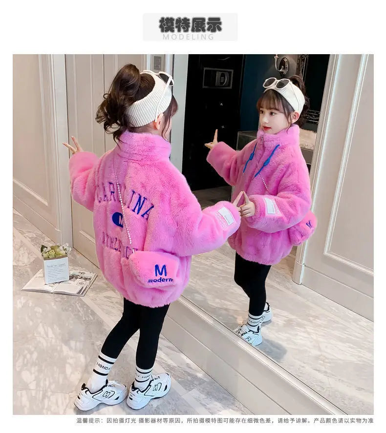 Fake Fur Girls Jacket Winter New Solid Color Letter Print Padded Lining Thick Warm Plush Coats For 5-12Y Kids Fashion Overcoat