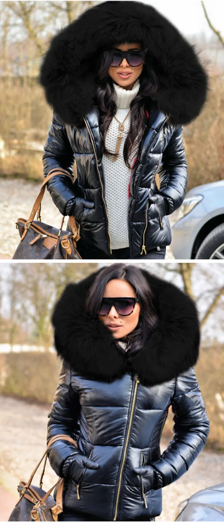 New Hood Solid Color Fur Hooded Jacket Autumn Winter New Women's Cotton-Padded Down Short Parka Coat Jacket Fashion Casual