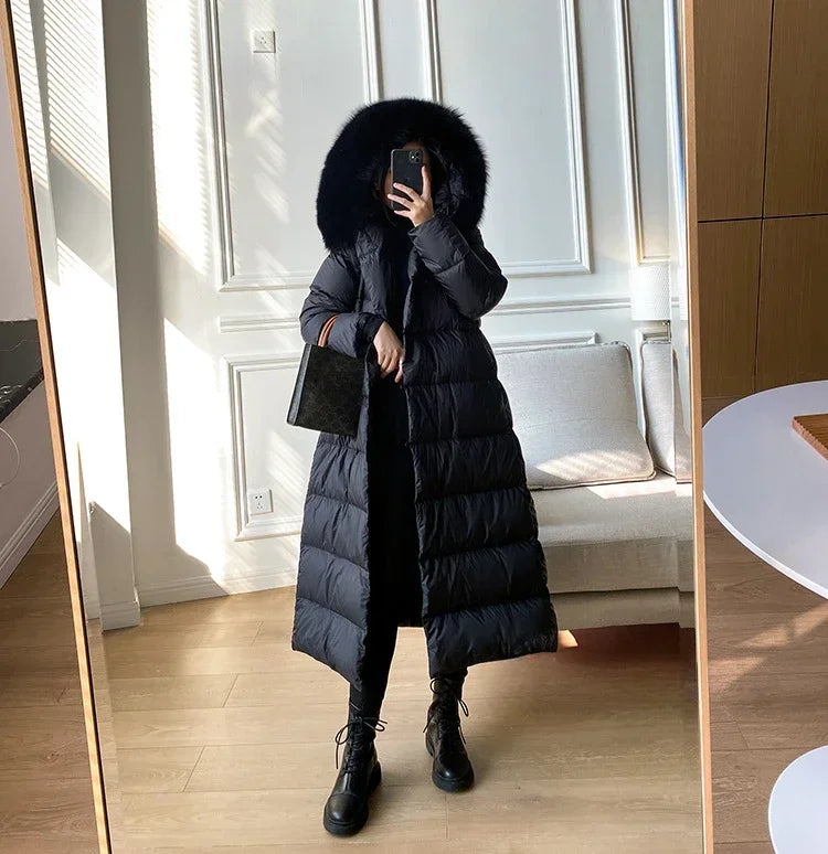 Real Fur Jacket 2024 Winter Women White Duck Down Jackets Ultra Light Warm Long Parkas Fox Fur Collar Female Hooded Snow Coats