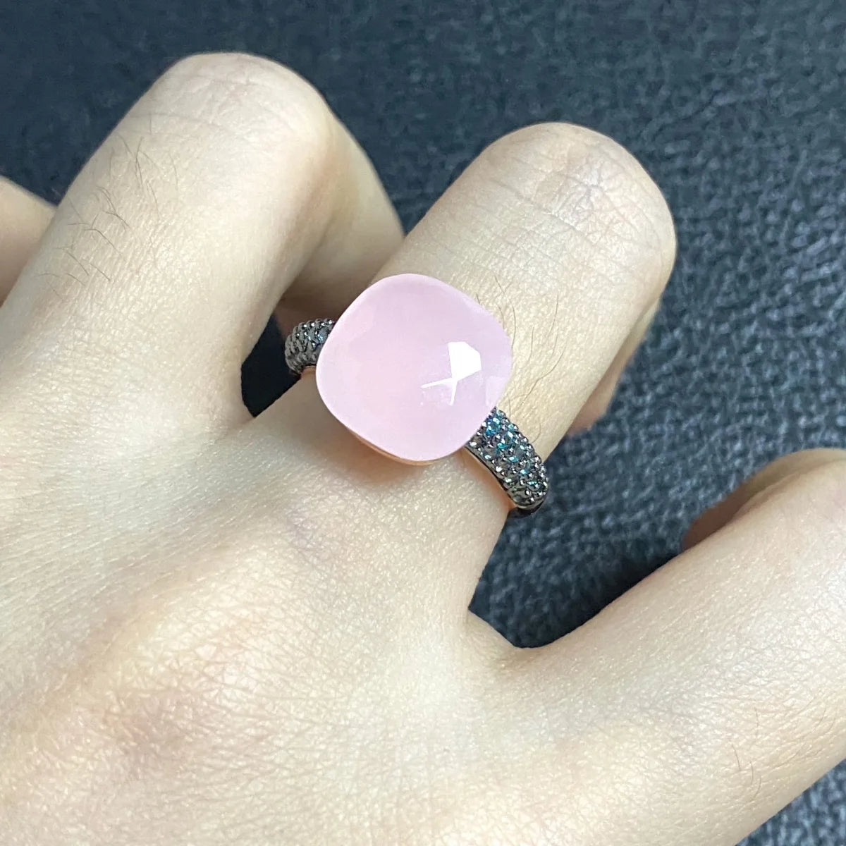 Blue Topaz Ring Inlay Black Zircon With Black Gun Plated 12.6mm Flat Crystal Ring For Women Party Fashion Jewelry Gift