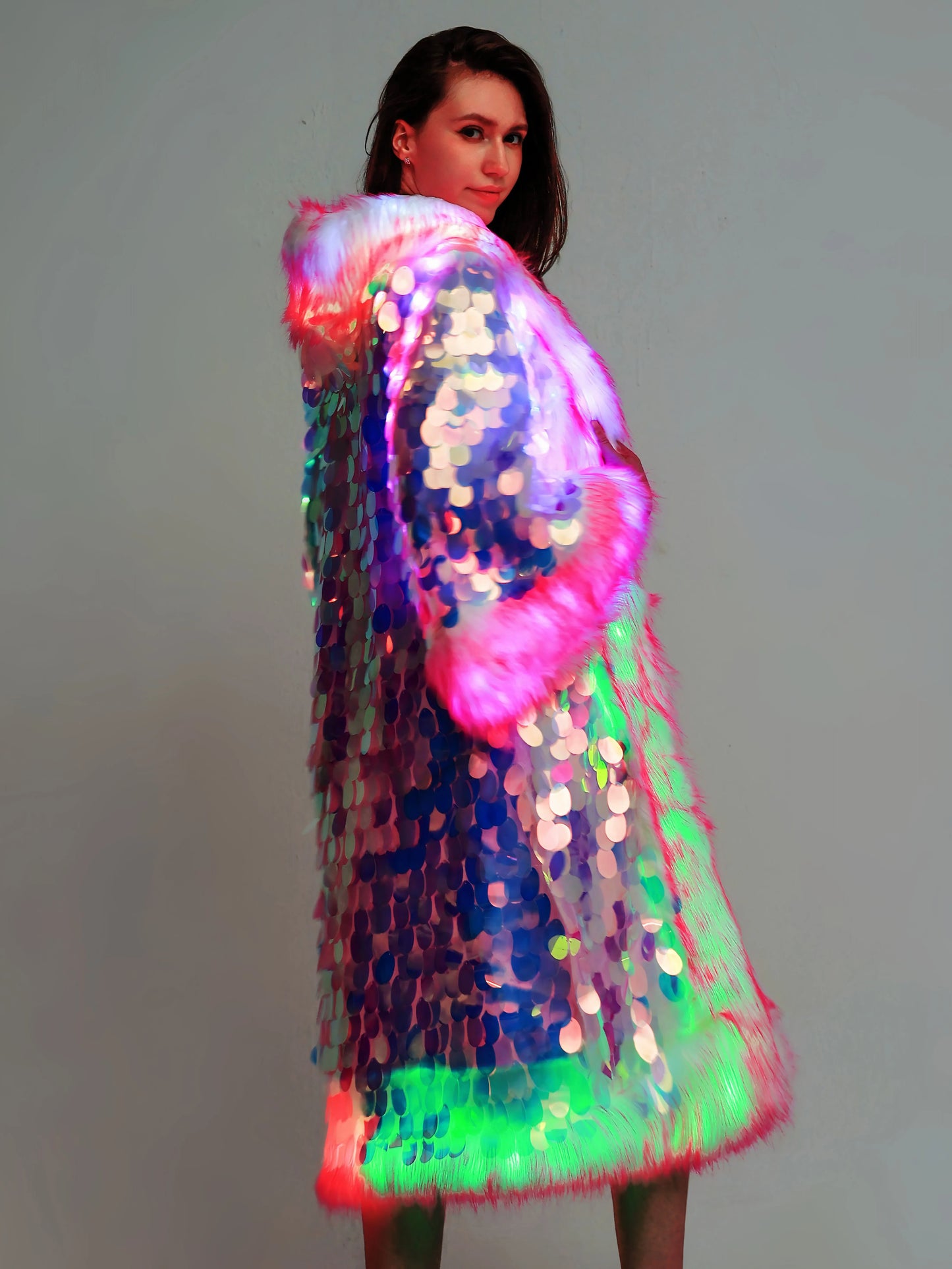 Elegant Directional Faux Fur Coat LED Pink Sequin Patchwork Coat Stylish Personality Clothing Suitable For Holiday Women's  Coat