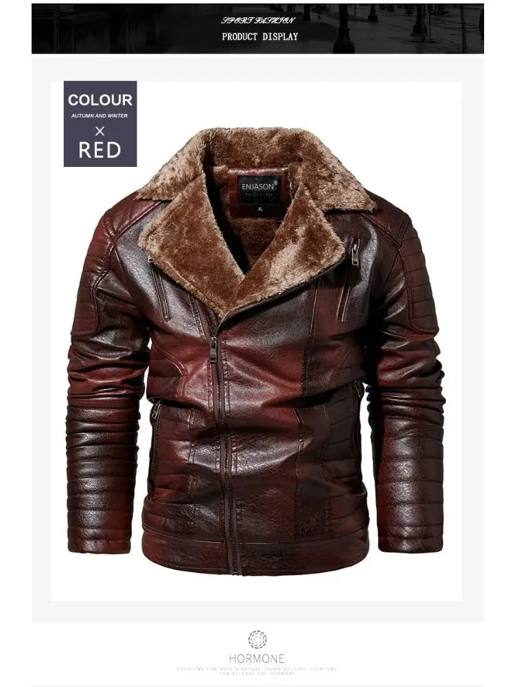 Fashion Warm Winter Mens PU Leather Jacket With Fur Collar Thicken Fleece Motorcycle Coat Casual Faux Leather Locomotive Jacket