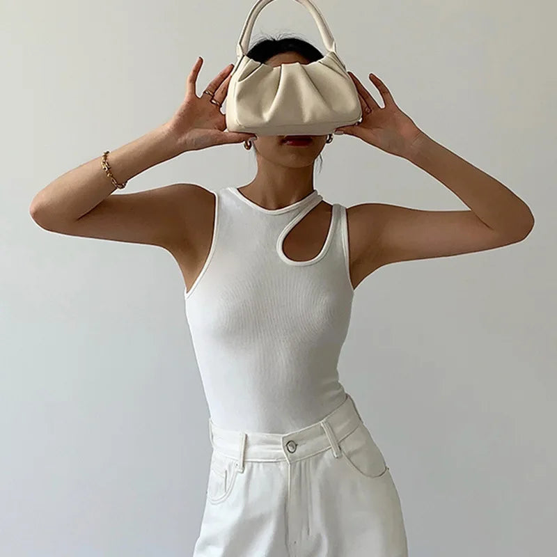 Casual y2k White Cut Out Women's T Shirt Sleeveless Slim T Shirts Female Clothing 2024 Summer Fashion crop top women camisetas
