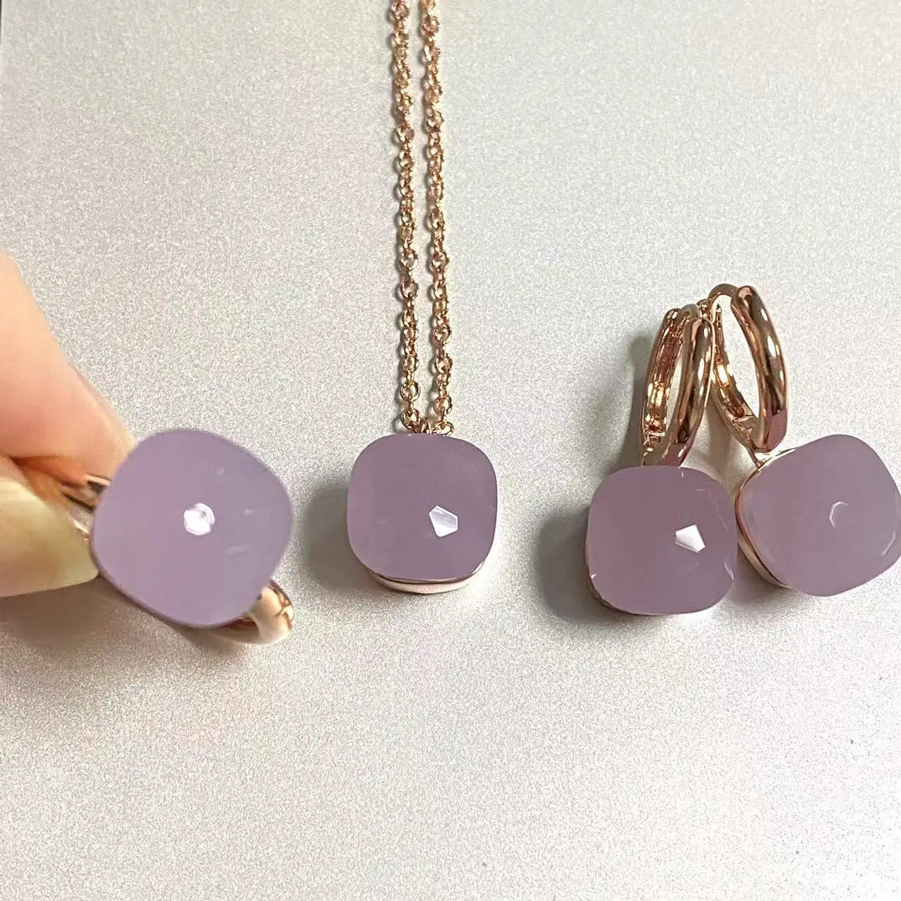 3Pcs/Set Women Ring Earrings Necklace Jewelry Set 34Colors Pink Crystal Jewelry Set Rose Gold Plated Jewelry