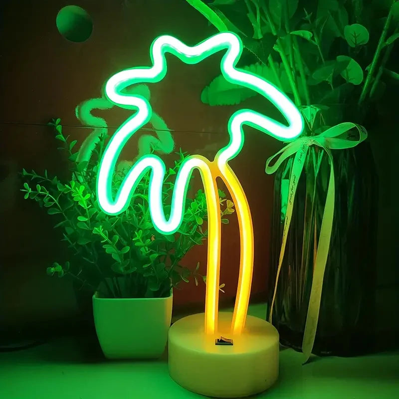 Coconut Palm Tree Neon Signs Light with Holder Base LED Table Lamp Battery/USB Powered Palm for Home Christmas Party Decoration