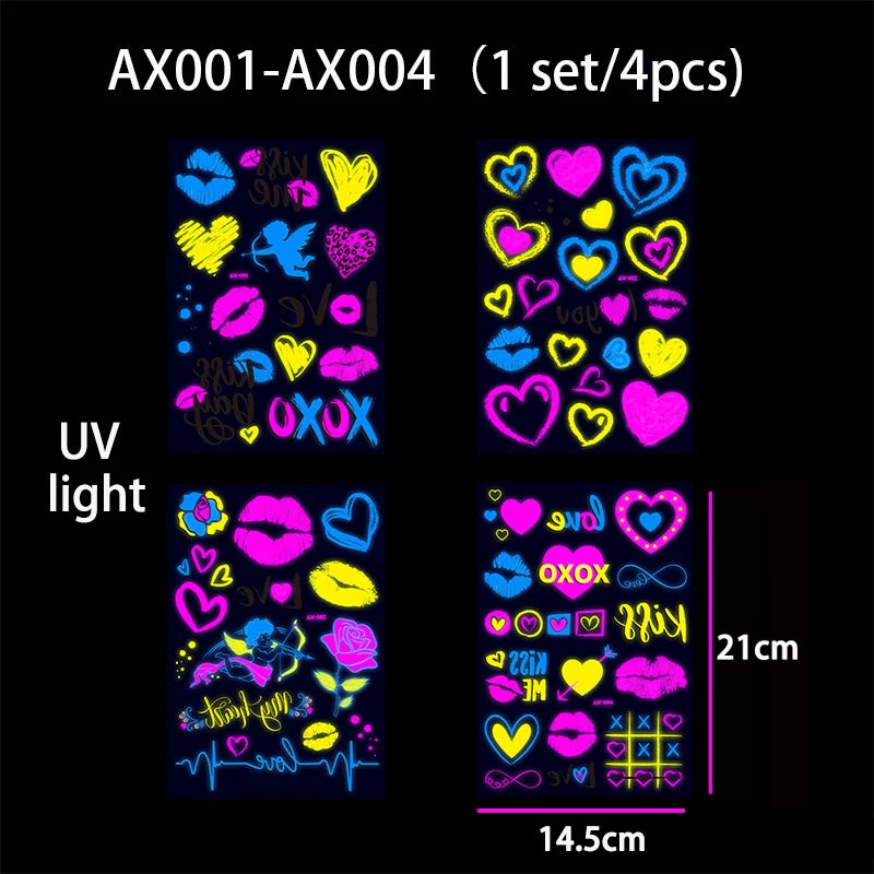 Luminous Temporary Tattoos Stickers Fluorescent Neon In Dark Illuminate Tattoo Elephant/Love Heart Shoulder Tattoo Party Sticker