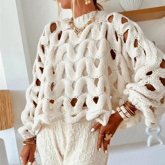 Sexy Hollow Out Long Sleeved Knitted Sweater Summer Beach O-neck Crochet Pullover Casual Solid Color Women's Loose Top Blouses