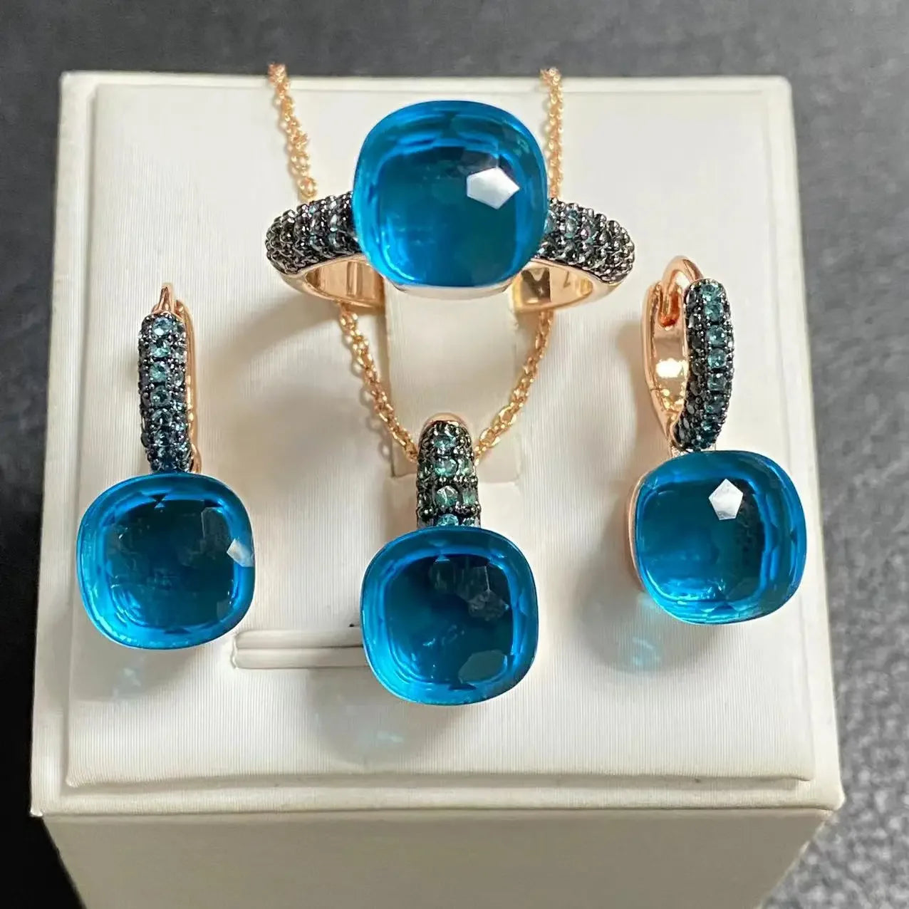 3Pcs Gun Black Plated Blue Zircon Jewelry Set for Women Includes Ring Earrings Necklace Elegant Crystal Blue Topaz Matching Gift