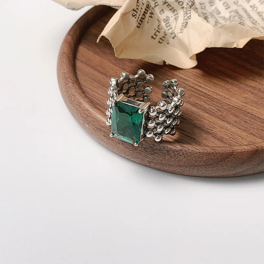 925 Sterling Silver Green Zircon Adjustable Open Rings For Women Engagement Luxury Quality Jewelry