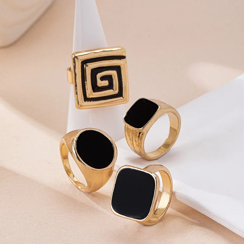 Round and Square Black Enamel Glaze Ring Women Girls Product Fashion Jewelry Hot Sale Party Gift 2025 New Style