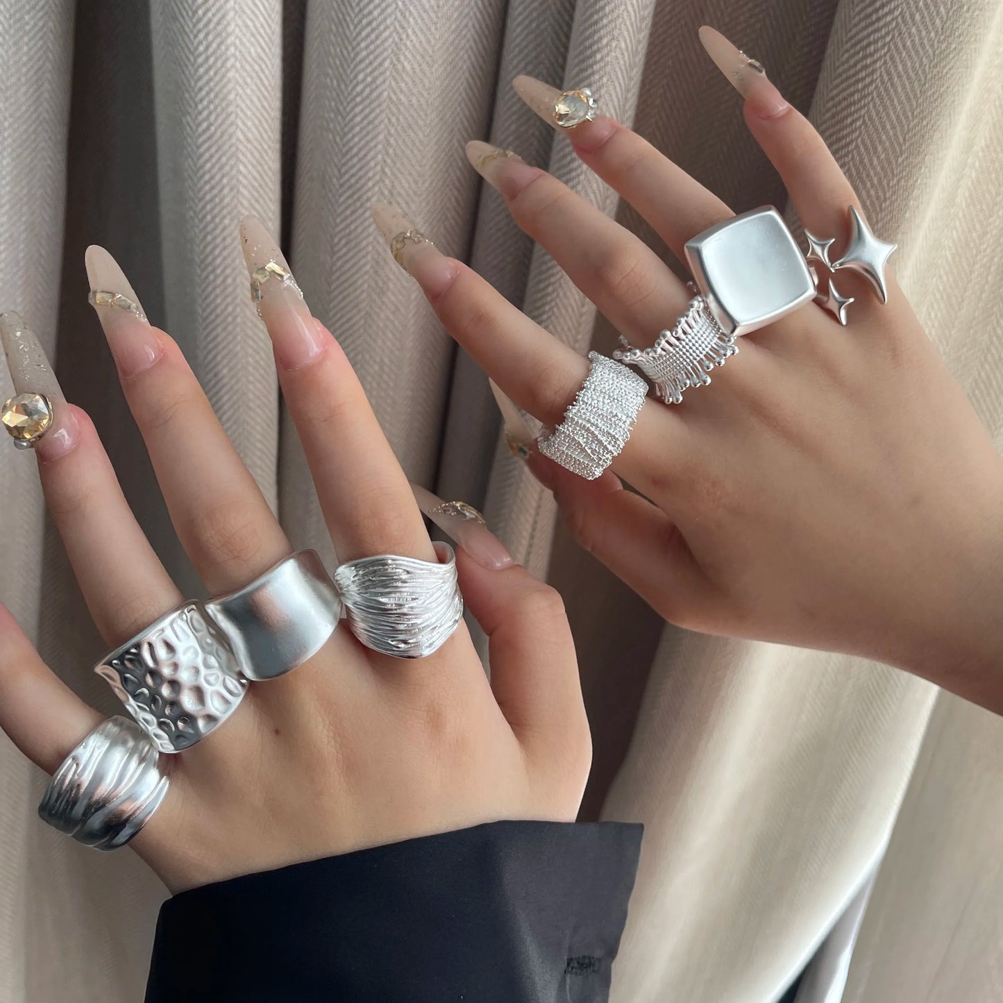 925 Sterling Silver Rings For Women Geometric Fine Jewelry Finger Adjustable Wide Sparkling Ring For Party Birthday Gift