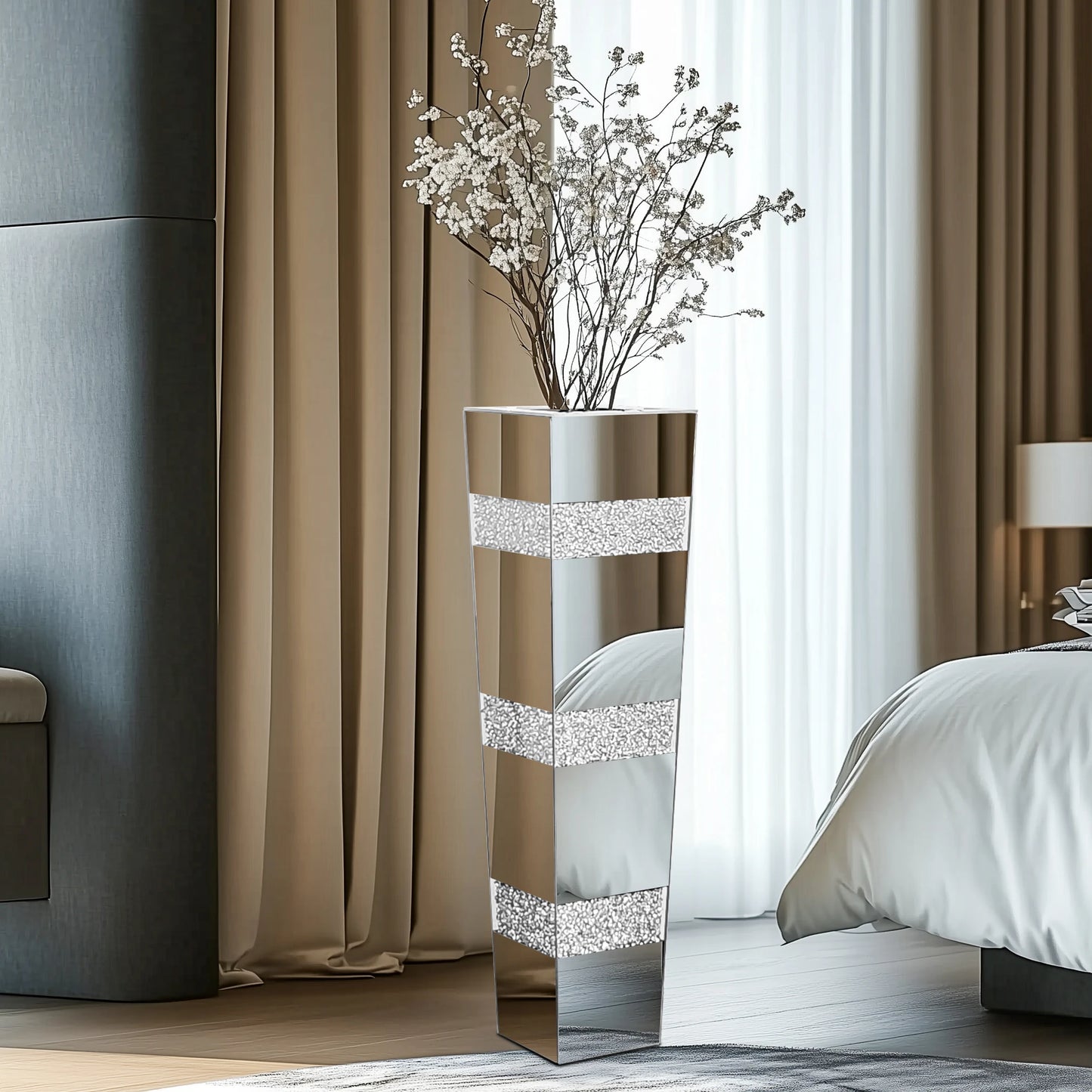 Tall Floor Mirror Vase, Large Crushed Diamond Glass Vase for Home Decor Modern Crystal Centerpiece for Living Room Wedding Hotel