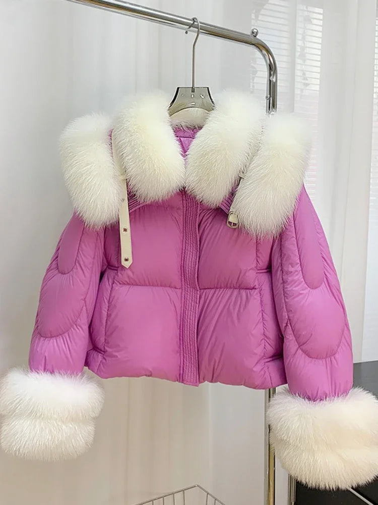 Natural Fox Fur Jacket Fashion Women Winter Luxury White Goose Down Jacket Thicken Female Casual Parkas Fur Collar Puffer Coat