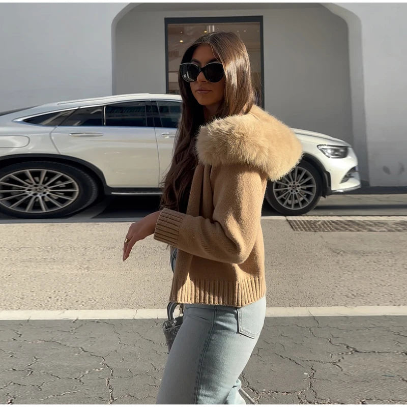 2025 Autumn Casual Fur Collar Sweater Coat Women's Solid Loose Long Sleeve Zippers Pullover New Ladies Fashion Office Tops