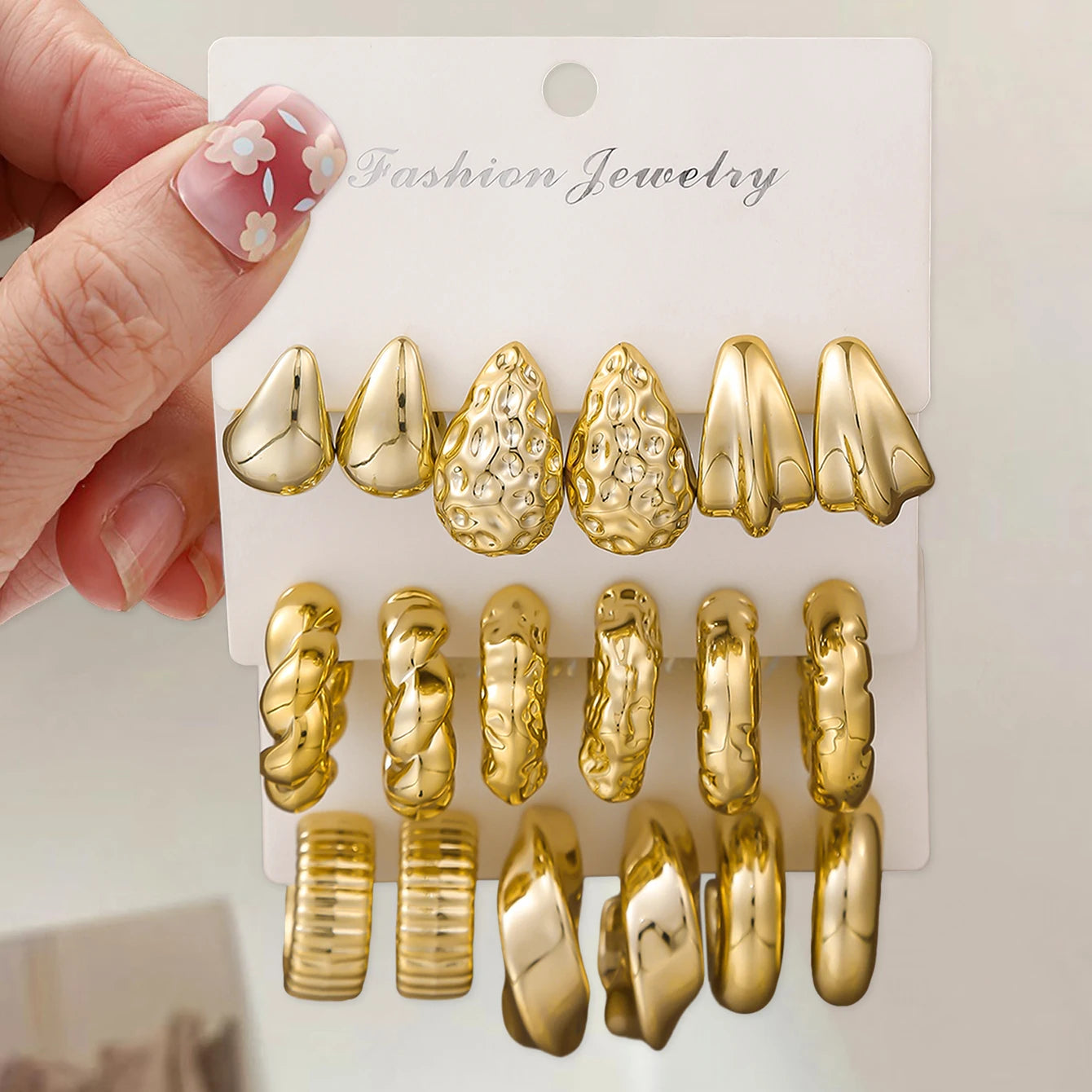 Texture Geometry Multi Shaped Women's Fashion Ring Earring Set Elegant Fashion Style Unique Design Earrings