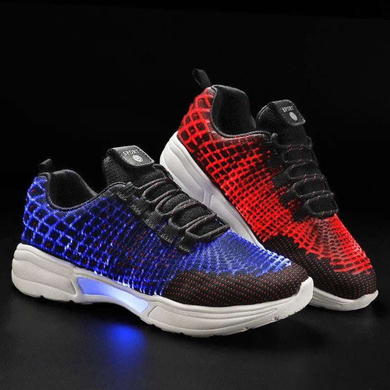 Men Fashion LED Shoes Light Up Sneakers USB Recharging Fiber OPTIC Cloth Elastic Sole Glowing Luminous Flashing Casual Shoes