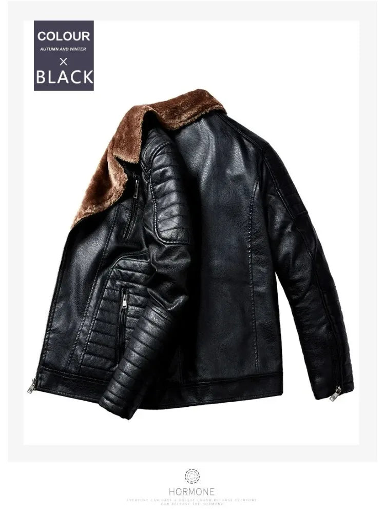 Fashion Warm Winter Mens PU Leather Jacket With Fur Collar Thicken Fleece Motorcycle Coat Casual Faux Leather Locomotive Jacket