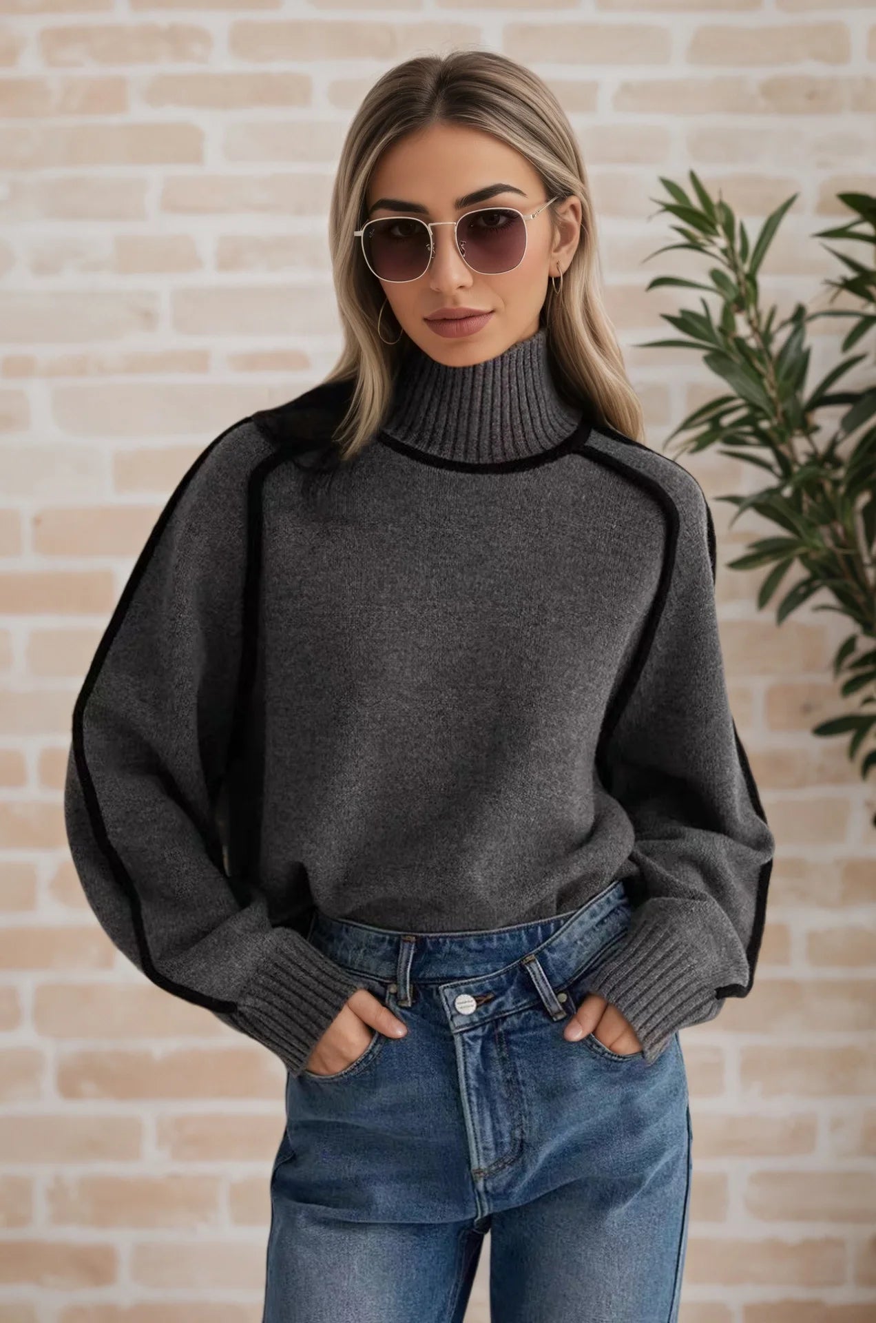 Fashion Basic Autumn Winter Color Matching Emperament Sweater High Neck Office Pullover Solid Soft Long Sleeve Clothing Tops