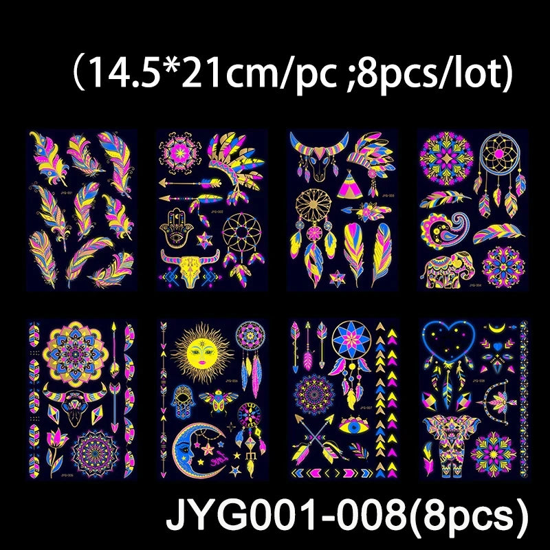 Luminous Temporary Tattoos Stickers Fluorescent Neon In Dark Illuminate Tattoo Elephant/Love Heart Shoulder Tattoo Party Sticker