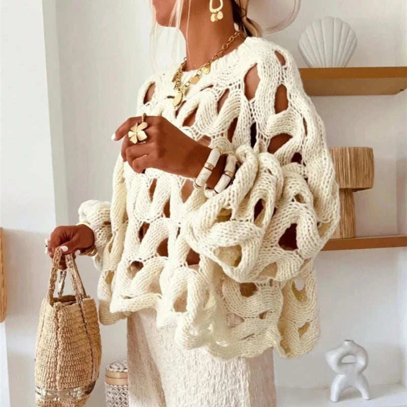 Sexy Hollow Out Long Sleeved Knitted Sweater Summer Beach O-neck Crochet Pullover Casual Solid Color Women's Loose Top Blouses